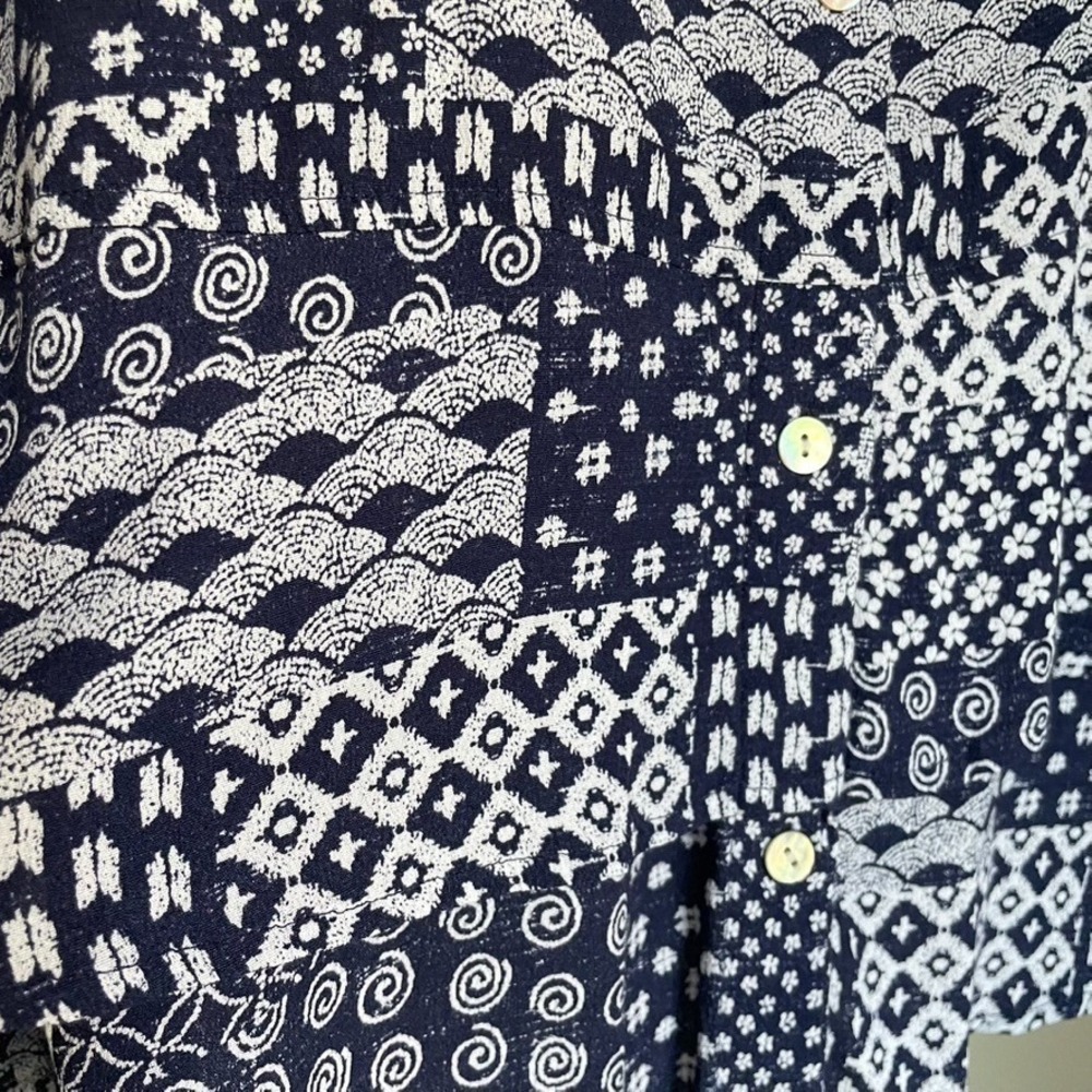 Habitat Patchwork Blouse Size L Blue White Button Front Relaxed Artsy - Picture 8 of 10